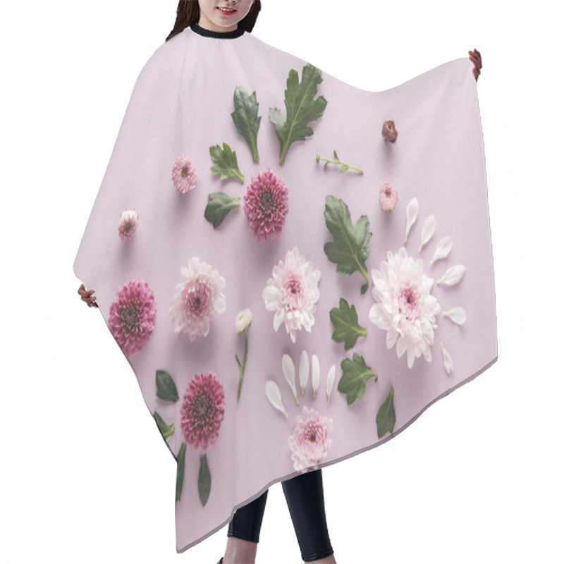 Personality  Top View Of Blooming Spring Chrysanthemums With Leaves And Petals On Violet Background Hair Cutting Cape