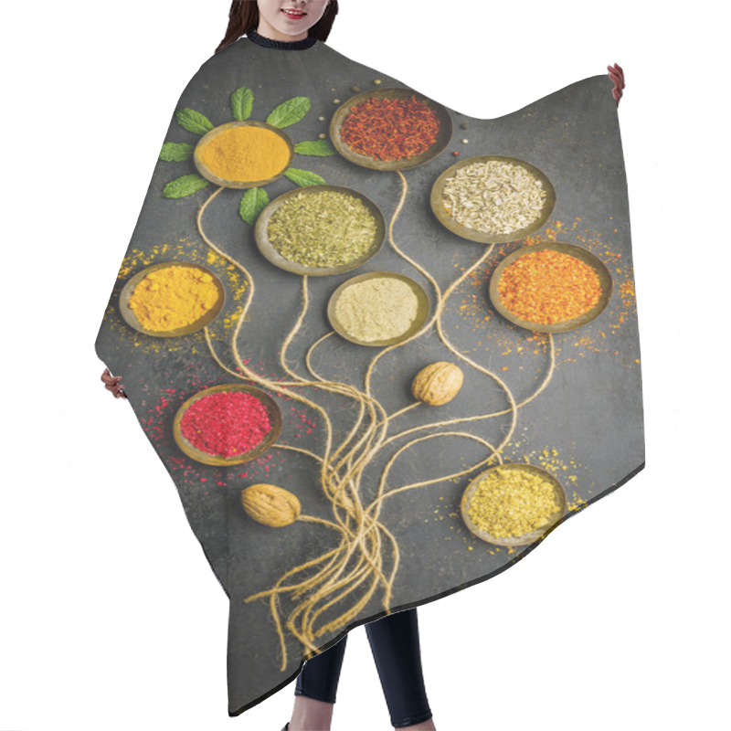 Personality  Various Bowls Of Spices Over Dark Background Hair Cutting Cape