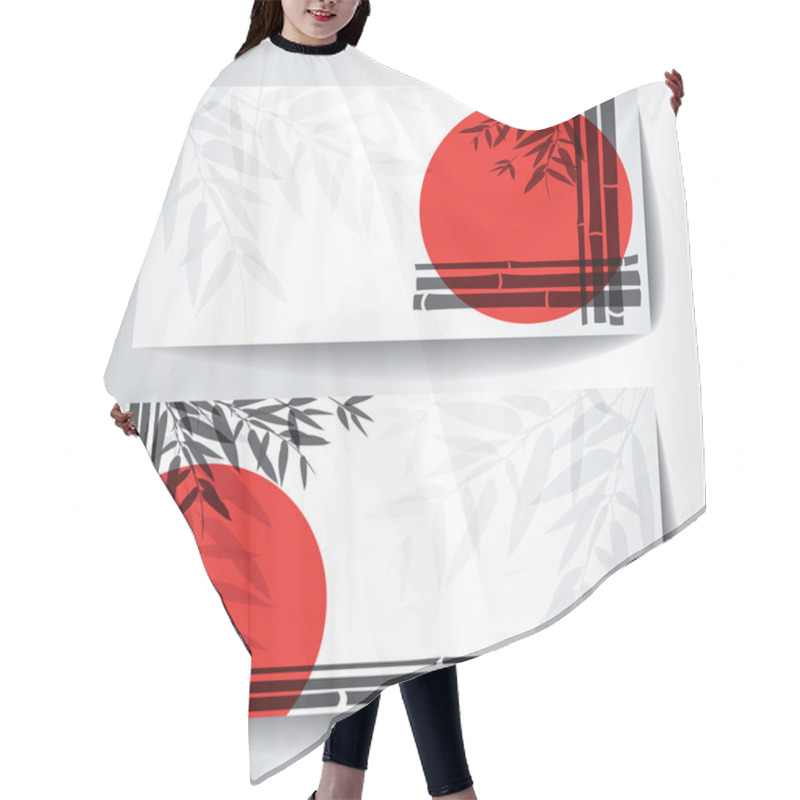 Personality  Banners With Bamboo Trees And Leaves With Red Sun On White Background.  Hair Cutting Cape