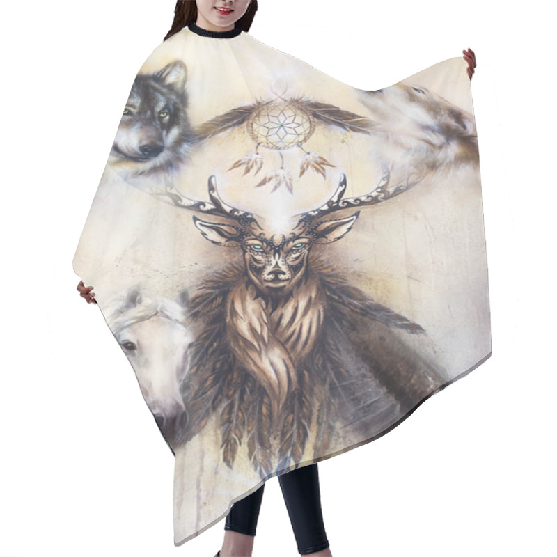 Personality  Sacred Ornamental Deer Spirit With Dream Catcher Symbol And Animals. Hair Cutting Cape