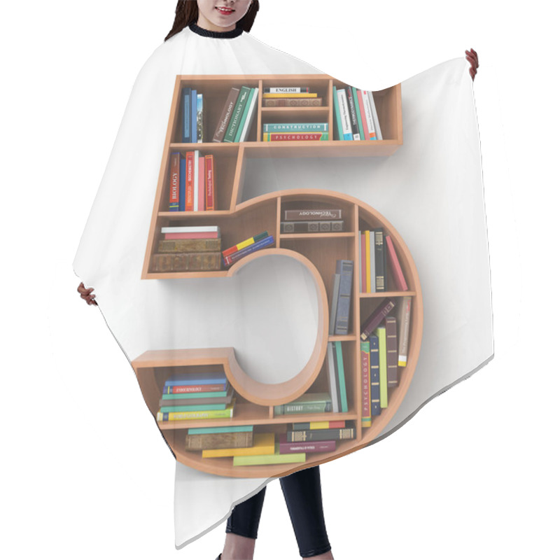 Personality  Number 5 Five. Alphabet In The Form Of Shelves With Books Isolat Hair Cutting Cape