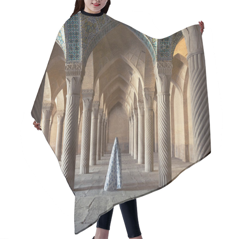 Personality  Woman In Veil Standing Between Carved Columns Of Vakil Mosque In Shiraz Hair Cutting Cape