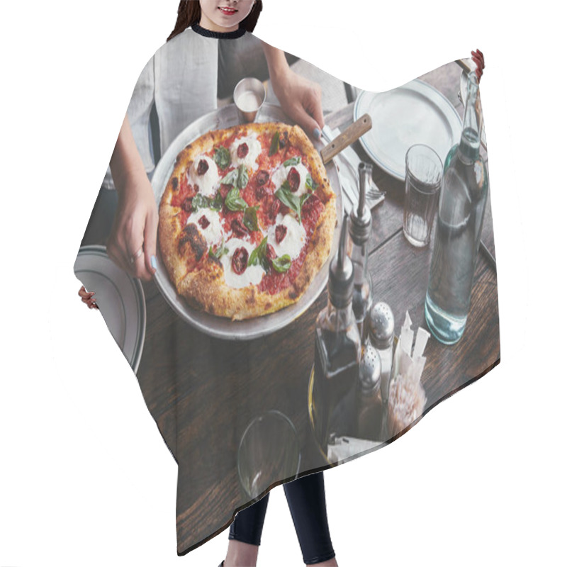 Personality  Cropped Shot Of Woman Carrying Plate With Pizza Margherita To Serve On Table At Restaurant Hair Cutting Cape