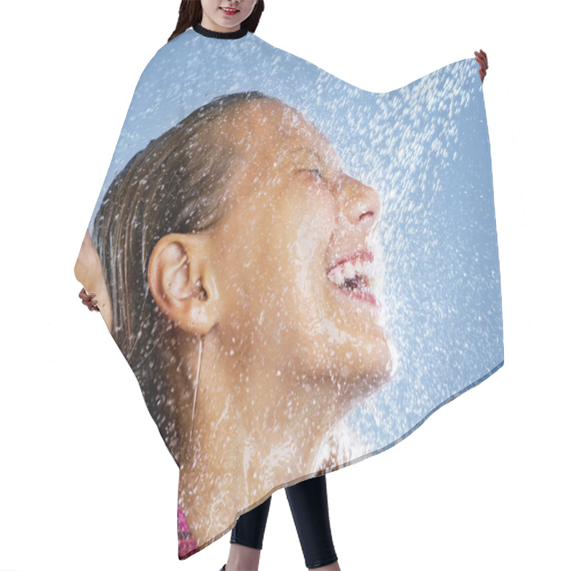 Personality  Teenage Girl Taking A Shower. Bath. Hair Cutting Cape