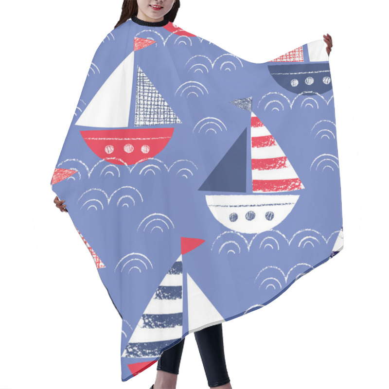 Personality  Whimsical Hand-Drawn With Crayons Ships In The Sea Vector Seamless Pattern. Cute Nautical Marine Background Hair Cutting Cape