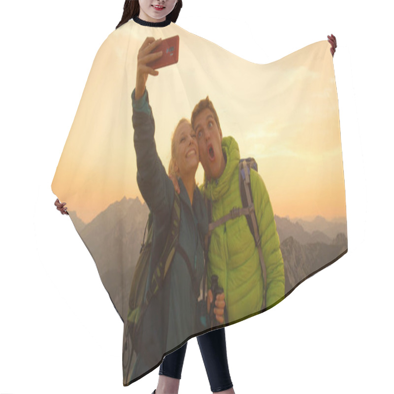 Personality  PORTRAIT: Goofy Hiker Couple Making Funny Faces While Taking Selfies At Sunset. Hair Cutting Cape