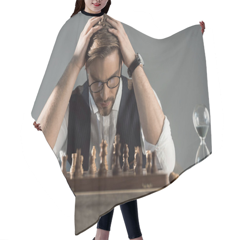 Personality  Focused Young Businessman In Eyeglasses Playing Chess  Hair Cutting Cape