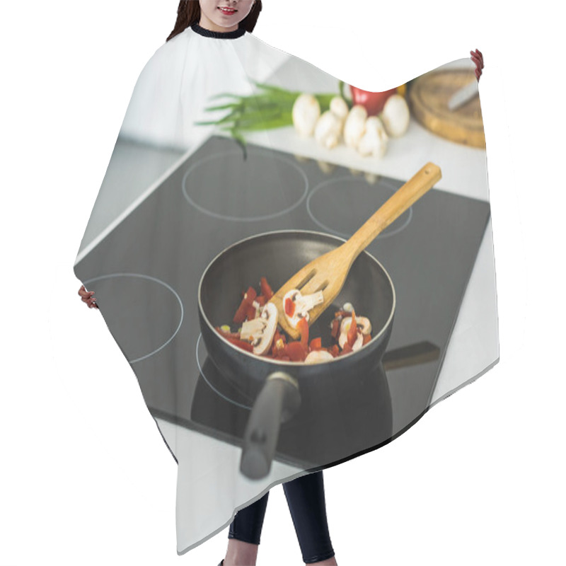 Personality  Frying Pan With Appetizing Vegetables On Electric Stove In Kitchen Hair Cutting Cape