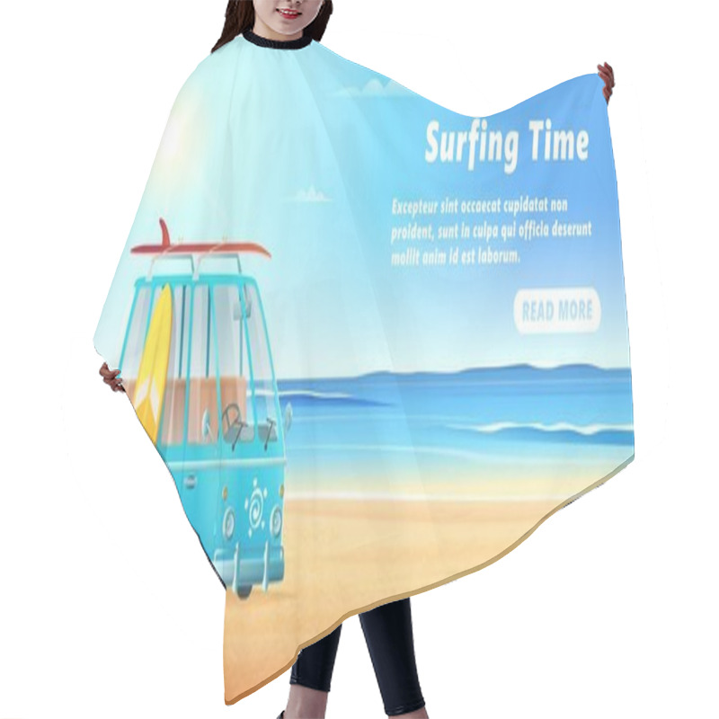 Personality  Surfing Van On The Sandy Beach, Sea Waves And Clear Sunny Day. Surf Bus Banner Design. Hair Cutting Cape