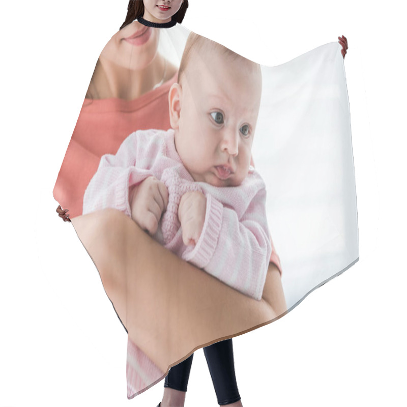 Personality  Cropped View Of Smiling Woman Holding In Arms Adorable Infant Daughter At Home  Hair Cutting Cape