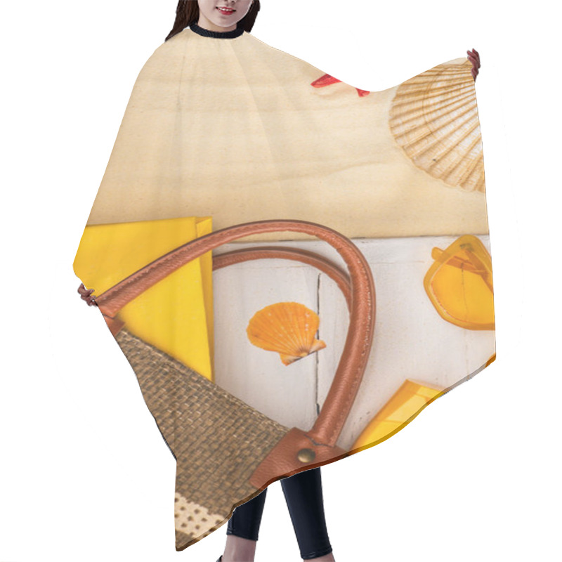 Personality  Top View Of Bag, Sunscreen And Book On White Wooden Planks Near Seashells On Sand Hair Cutting Cape