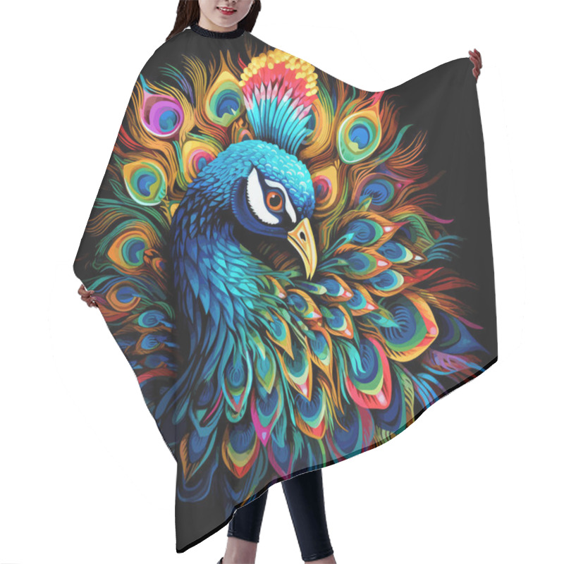 Personality  Portrait Of A Beautiful Peacock With The Feathers Of Its Tail Loosely Arranged In An Intricate And Colourful Pattern In A Decorative Vector Art Style On A Black Background. Hair Cutting Cape