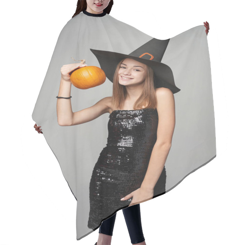 Personality  Closeup Of Playful Halloween Witch Holding Pumpkin Hair Cutting Cape