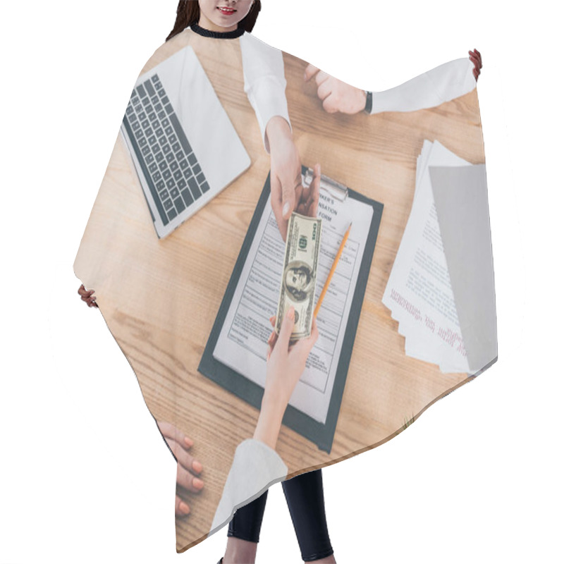 Personality  Partial View Of Businesswoman Giving Money To Businessman, Compensation Concept Hair Cutting Cape