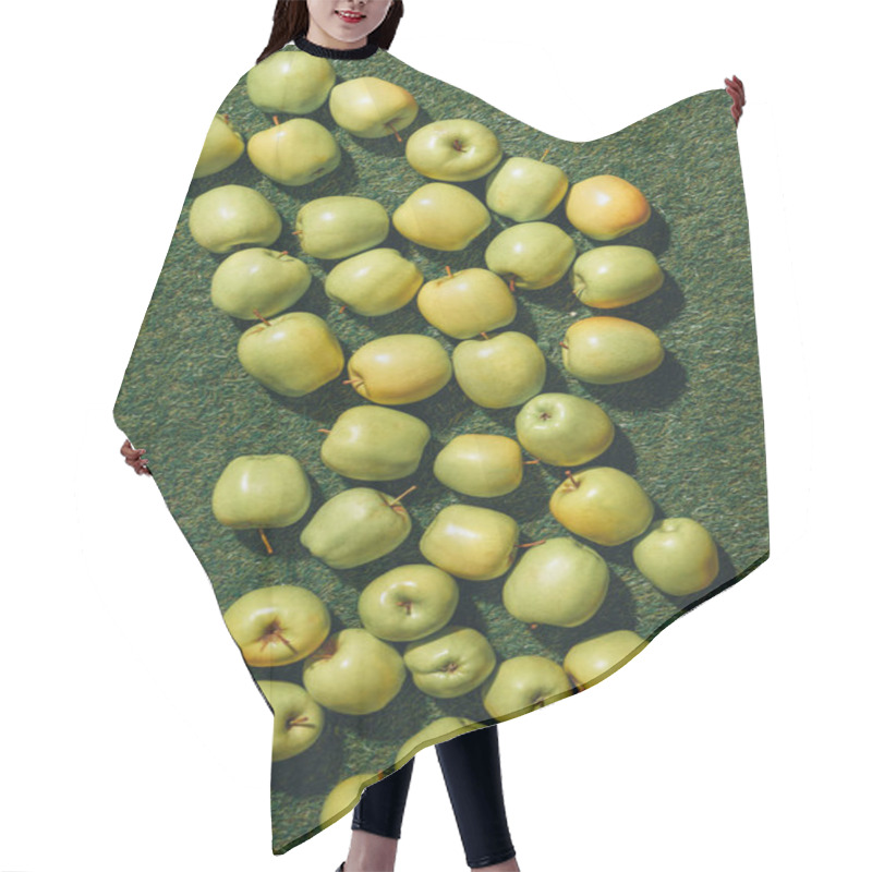 Personality  Top View Of Green Apples On Grass Background  Hair Cutting Cape