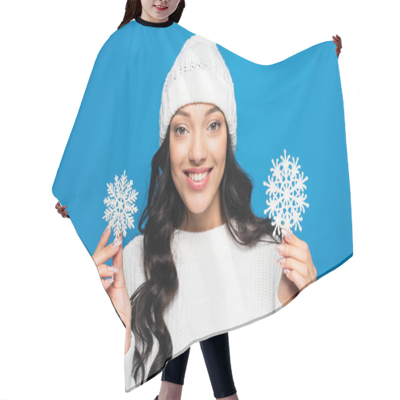 Personality  Happy Woman In Knitted Hat Holding Decorative Snowflakes Isolated On Blue Hair Cutting Cape