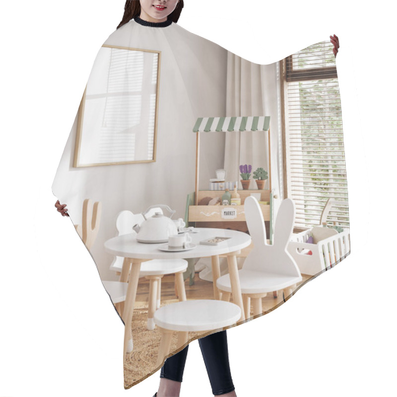 Personality  Mock Up Frame In Neutral Unisex Children Room Interior Background, 3D Render Hair Cutting Cape