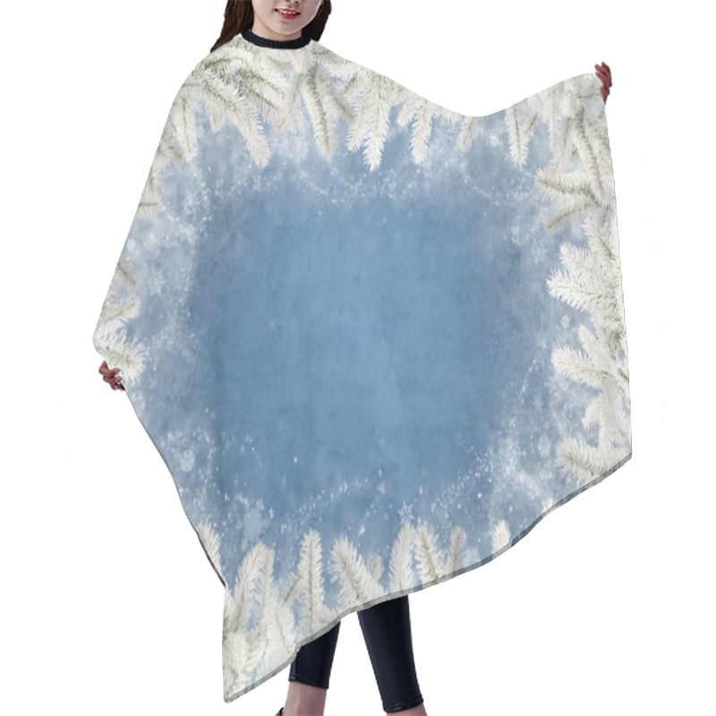 Personality  Frame Made Of Fir Branches Coated With Frost On A Blue Background Hair Cutting Cape