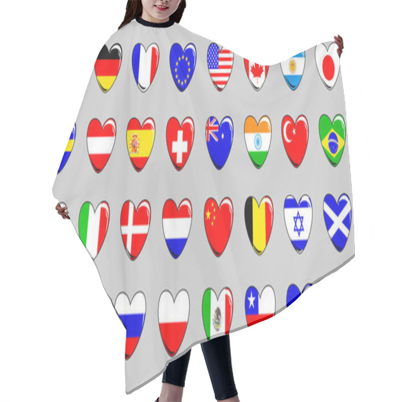 Personality  Set Of 32 Flags Of Different Countries In The Shape Of A Heart On A Light Background. Vector Illustration. Hair Cutting Cape