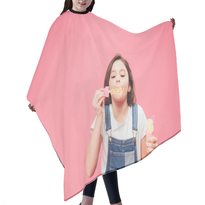 Personality  Funny Kid Blowing Soap Bubbles Isolated On Pink  Hair Cutting Cape