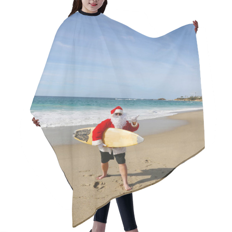 Personality  Surfing Santa Claus. Christmas. Christmas Vacation. Surfing Santa. Surf Board. Hang Ten. Santa Claus Checks Out The Waves While On Vacation. Santa Surfs On Christmas Eve. Santa Claus And Surf Board. Santa Claus Surfs On His Surf Board. Surfs Up.  Hair Cutting Cape