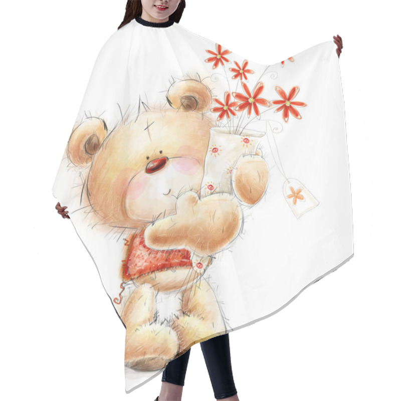 Personality  Cute Teddy Bear With The Red Flowers. Background With Bear And Flowers. Hand Drawn Teddy Bear Isolated On White Background.Valentines Greeting Card. Love Design.I Love Hair Cutting Cape