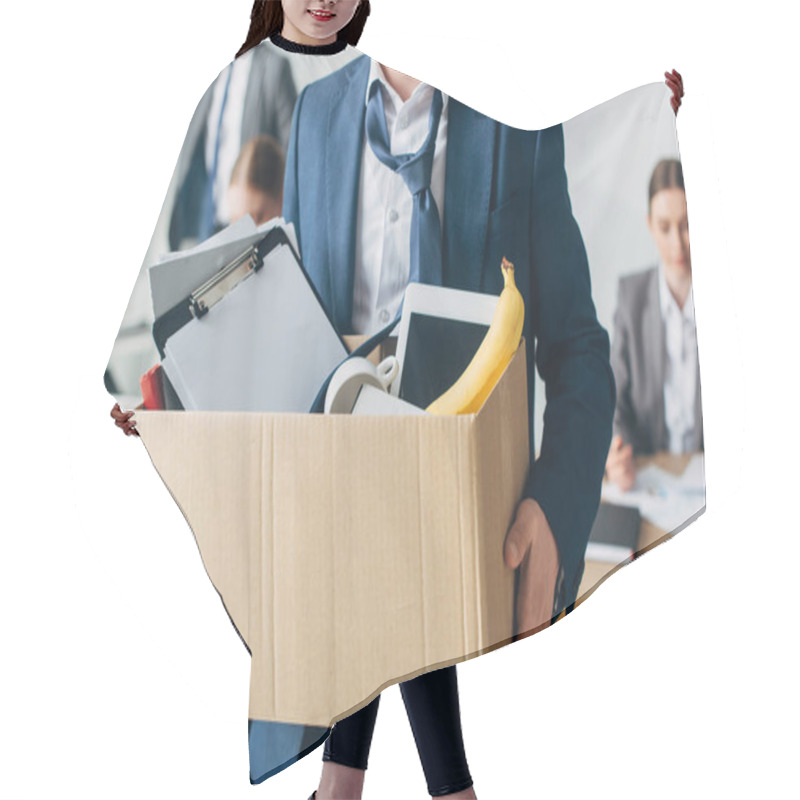 Personality  Selective Focus Of Dismissed Man Holding Cardboard Box With Papers, Digital Tablet And Banana In Office  Hair Cutting Cape