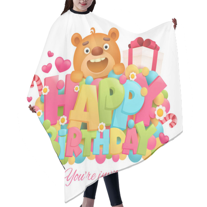 Personality  Happy Birthday Greeting Card With Cartoon Teddy Bear Character Hair Cutting Cape