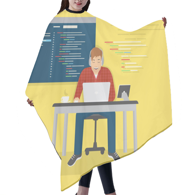 Personality  Programmer Is Working With Laptop Hair Cutting Cape