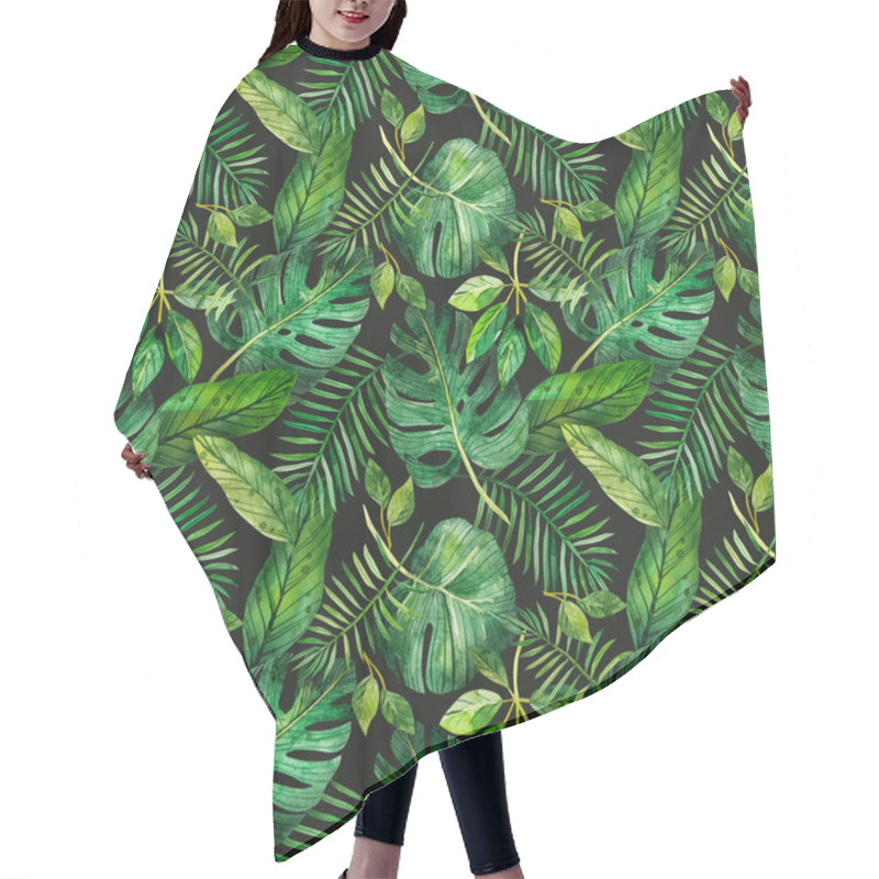 Personality  A Seamless Pattern With Tropical Leaves On A Dark Background, Perfect For Scrapbooking And Gift Wrapping, Also Suitable For Prints On Clothes. Hand-drawn Watercolor On Paper - Digital Clipart. Green Tropical Leaves, Monstera, Palm Leaves Hair Cutting Cape