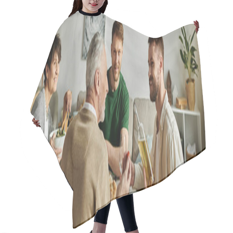 Personality  A Gay Couple Introduces Their Partner To Parents At Home During A Family Gathering. Hair Cutting Cape