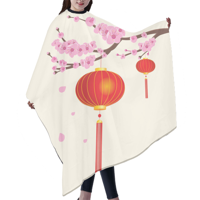 Personality  Chinese Red Lanterns Hanging From Sakura Cherry Tree Branch Hair Cutting Cape