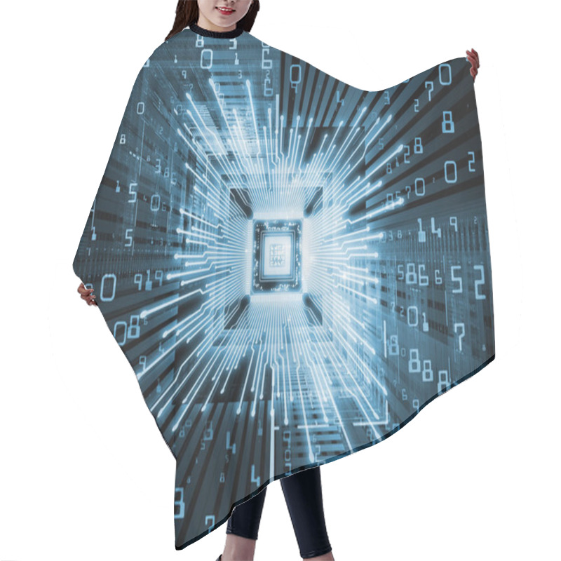 Personality  Computing Machine Series. 3D Illustration Of CPU With Fractal Environment In Perspective With Metaphorical Relationship To Computer Science, Digital World, Virtual Reality And Modern Technology Hair Cutting Cape