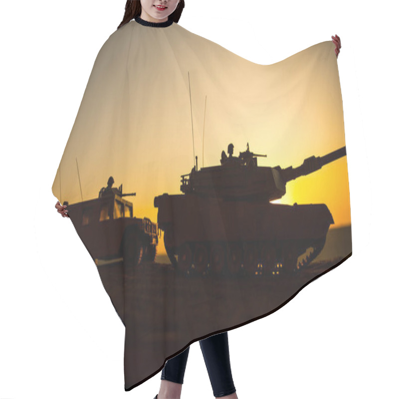 Personality  Military Patrol Car On Sunset Background. Army War Concept. Silhouette Of Armored Vehicle With Soldiers Ready To Attack. Artwork Decoration. Selective Focus Hair Cutting Cape