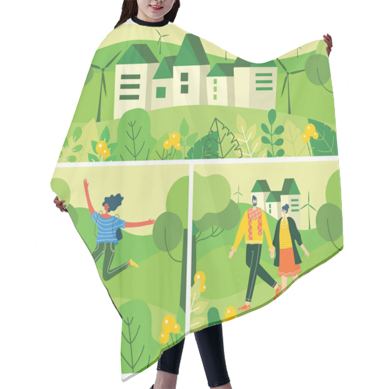 Personality  Vector Illustration Of People In Nature Posters Set Hair Cutting Cape