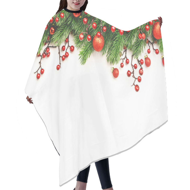 Personality  White Christmas And New Year Background With Red Christmas Balls, Spruce Branches And Berries. Top View Frame With Copy Space Hair Cutting Cape