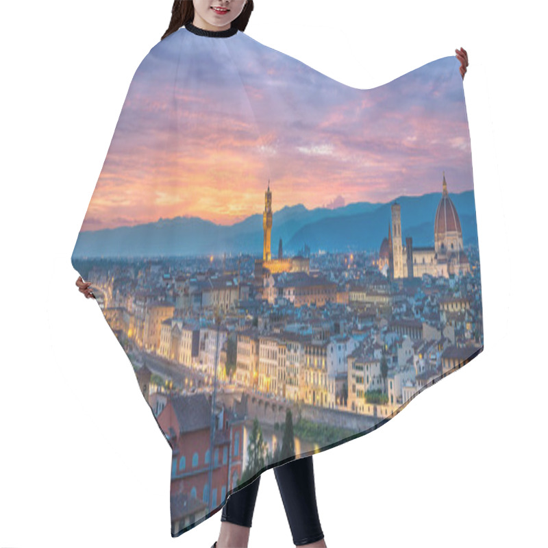 Personality  Panorama Of Florence (Firenze) In Italy At Night From Piazza Michelangelo Including The Cathedral Of Santa Maria Del Fiore (Duomo), Palazzo Vecchio And Ponte Vecchio. Sunset Sky Hair Cutting Cape