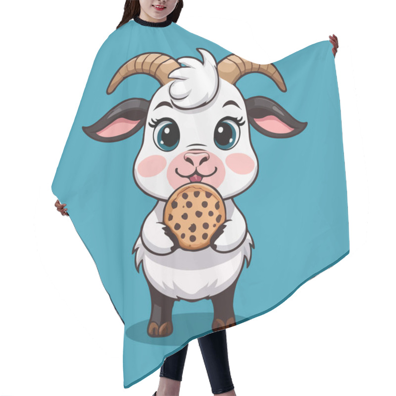 Personality  A Cute Goat Character With Large Eyes And Horns, Happily Holding A Chocolate Chip Cookie Against It. Hair Cutting Cape