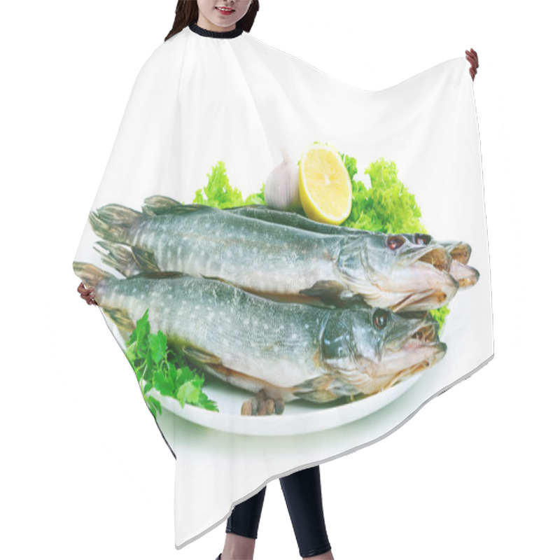 Personality  Group Of Dried Fish At Plate . Seafood Hair Cutting Cape