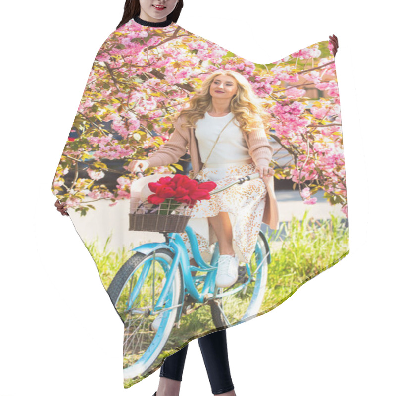 Personality  I Love My Job. Romantic Girl Under Sakura Blossom. Beautiful Spring Season Nature. Cherry Tree Blooming Flowers. Pink Blossoming Sakura. Relax In Park. Fashion And Beauty. Woman Ride Vintage Bicycle Hair Cutting Cape