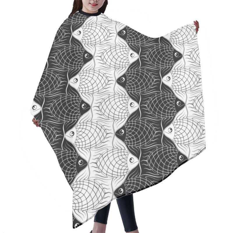 Personality  Seamless Pattern With Black And Wight Geometric Fishes Floating In A Zigzag Line Hair Cutting Cape