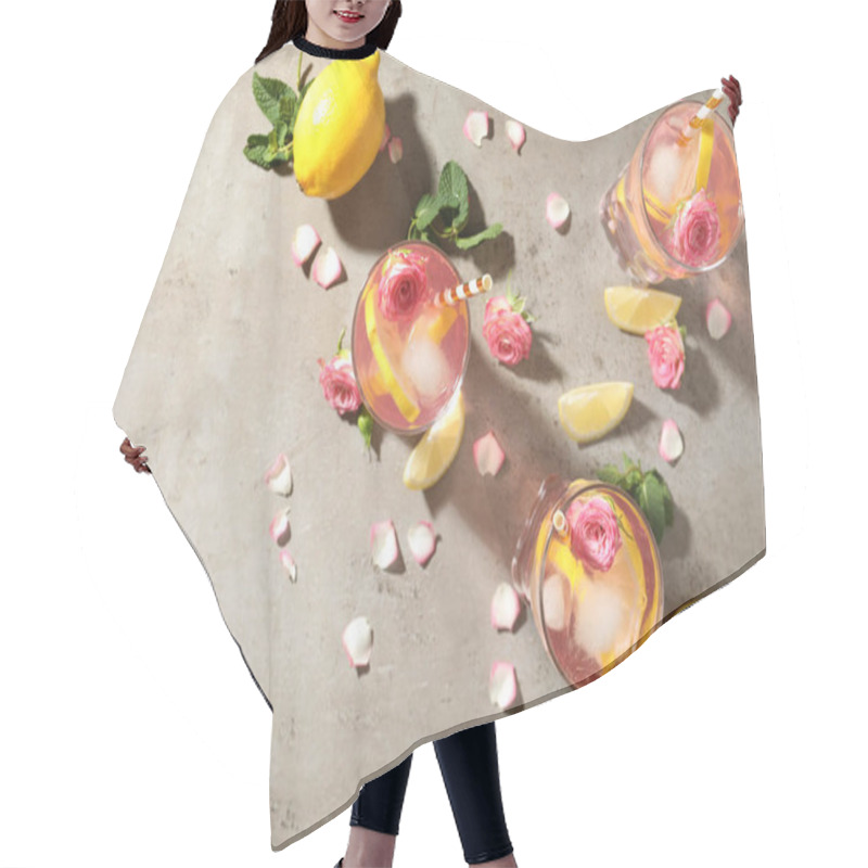 Personality  Delicious Refreshing Drink With Rose Flowers And Lemon Slices On Light Grey Table, Flat Lay Hair Cutting Cape