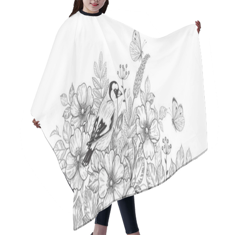 Personality  Hand Drawn Goldfinch Sitting Among Wildflowers And Flying Butterflies. Black And White Illustration With Bird, Flowers And Insects. Vector Monochrome Elegant Floral Arrangement In Vintage Style. Hair Cutting Cape