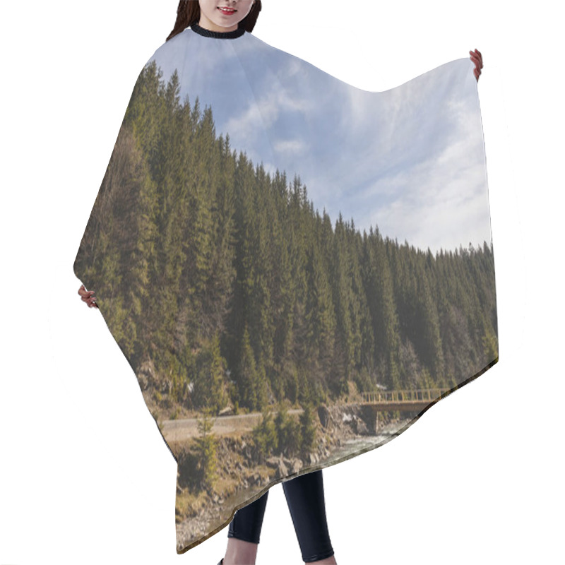 Personality  Road Near River With Bridge And Coniferous Forest  Hair Cutting Cape