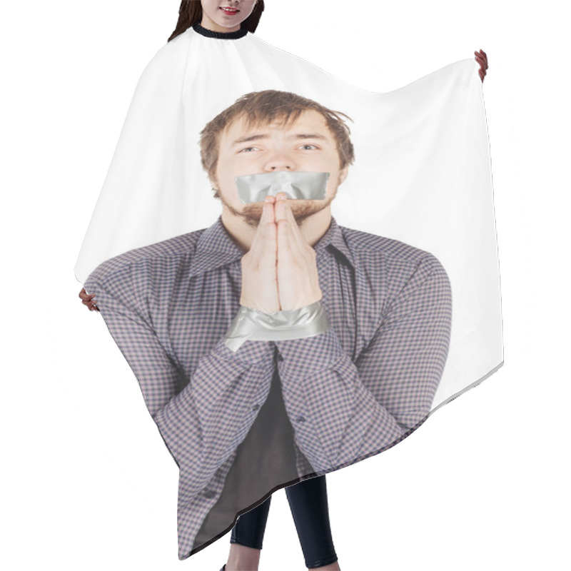 Personality  Man With Mouth Covered By Masking Tape Hair Cutting Cape