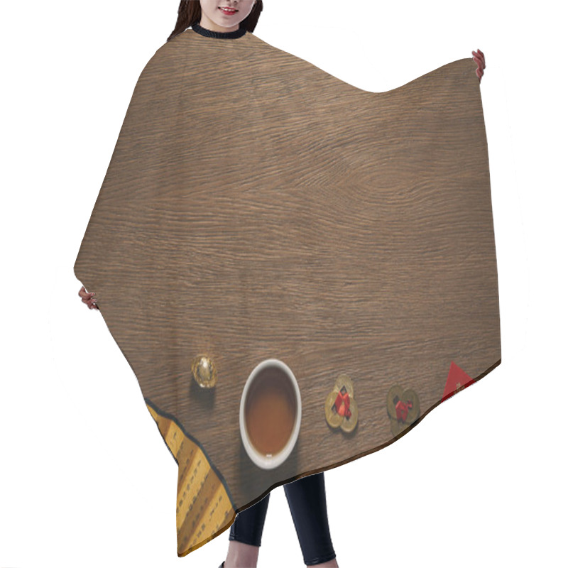 Personality  Top View Of Tea Cups, Fan With Hieroglyphs And Golden Coins On Wooden Surface Hair Cutting Cape