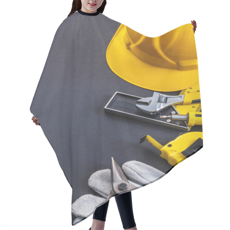 Personality  Set Of Tools On Grey Background Hair Cutting Cape