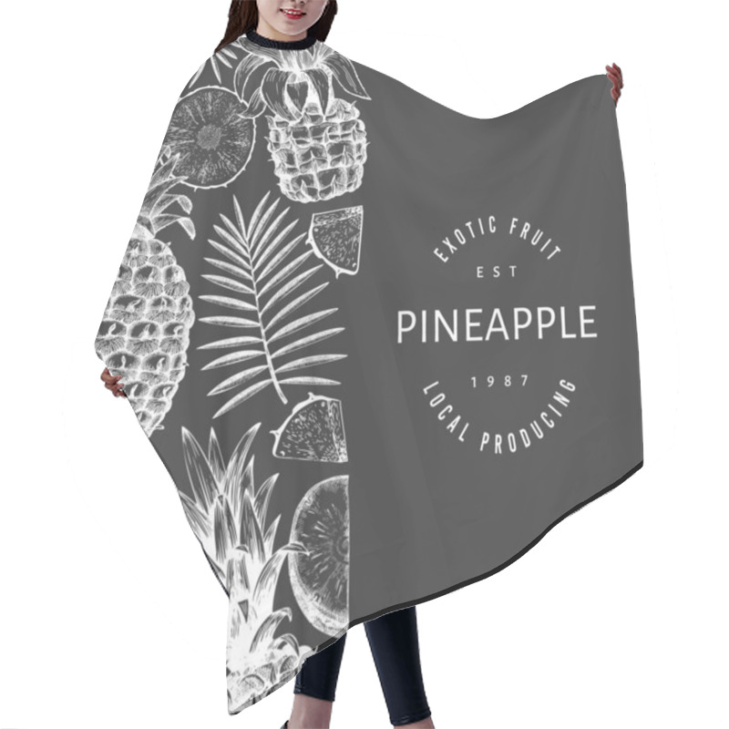 Personality  Hand Drawn Sketch Style Pineapple Banner. Organic Fresh Fruit Vector Illustration On Chalk Board. Botanical Design Template. Hair Cutting Cape