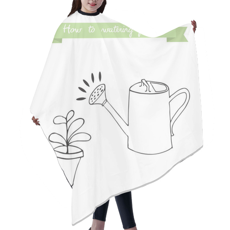 Personality  Watering Can And Plant In The Pot.  Hair Cutting Cape