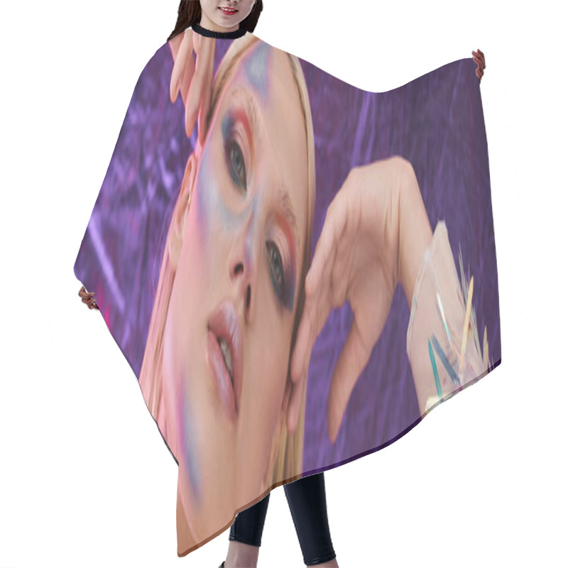 Personality  A Young Woman Showcases Her Holographic Attire, Exuding Confidence And Style. Hair Cutting Cape